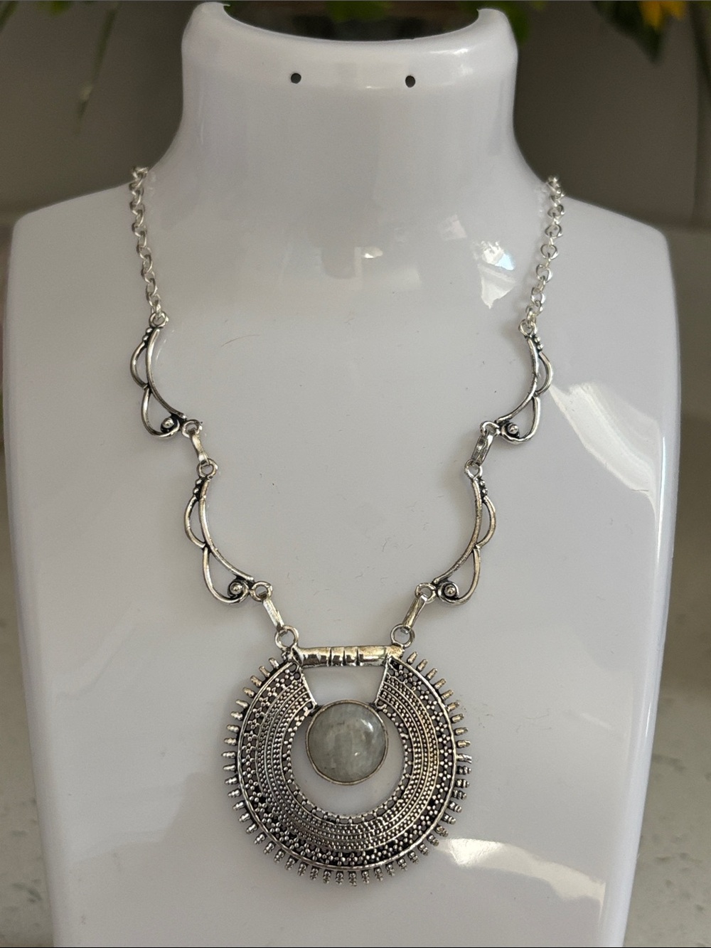 Silver Bohemian Rainbow Moonstone Pendant Necklace